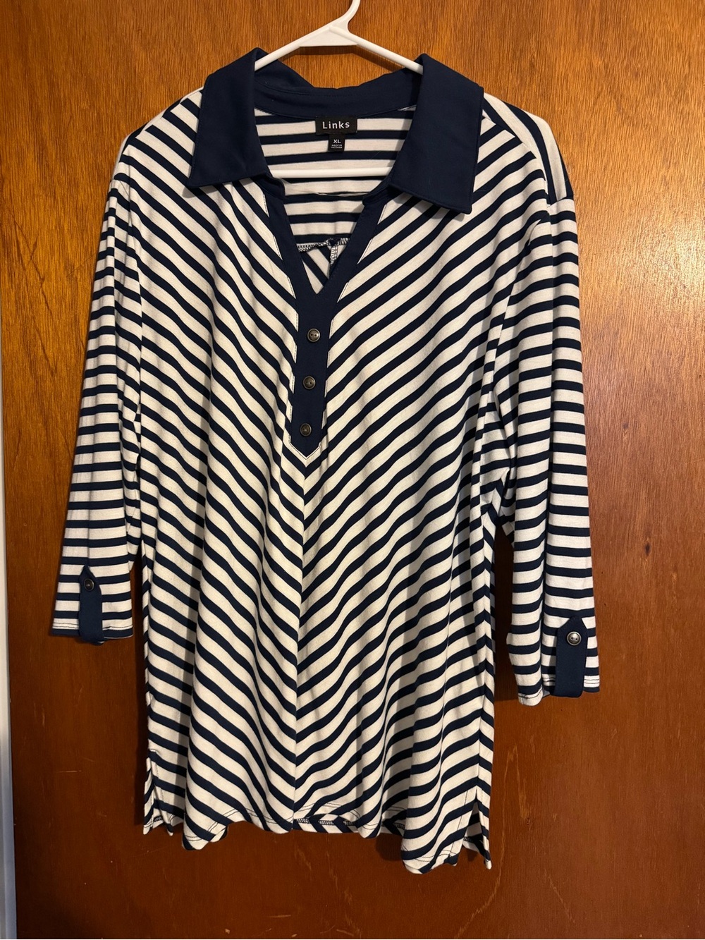 Links Navy and White Striped Crew Top